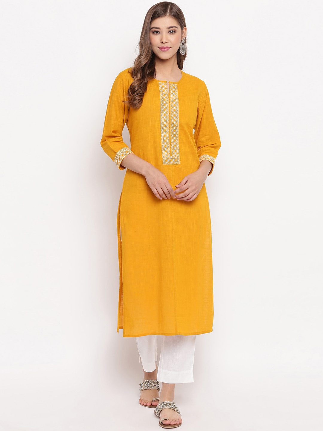 

Vbuyz Women Yellow Embroidered Straight Kurta