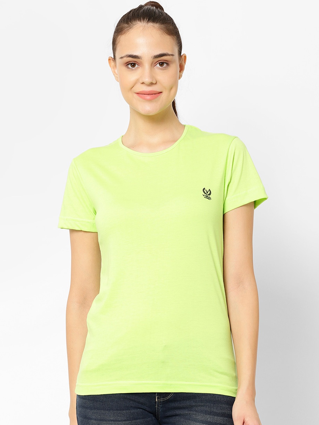 

MACK JONNEY Women Green Solid Round Neck T-shirt