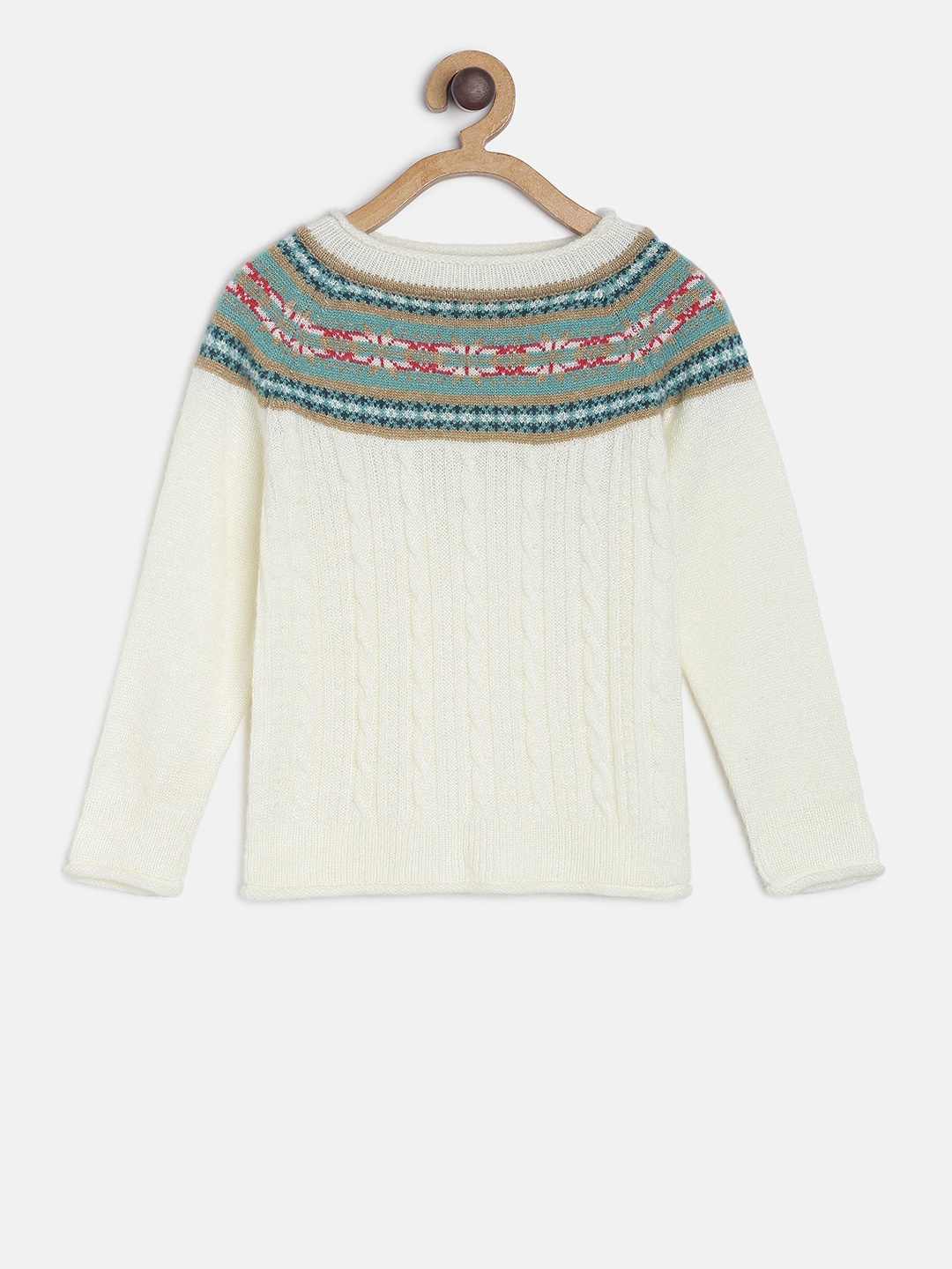 

MINI KLUB Girls Off-White & Teal Blue Self Design Pullover Sweater