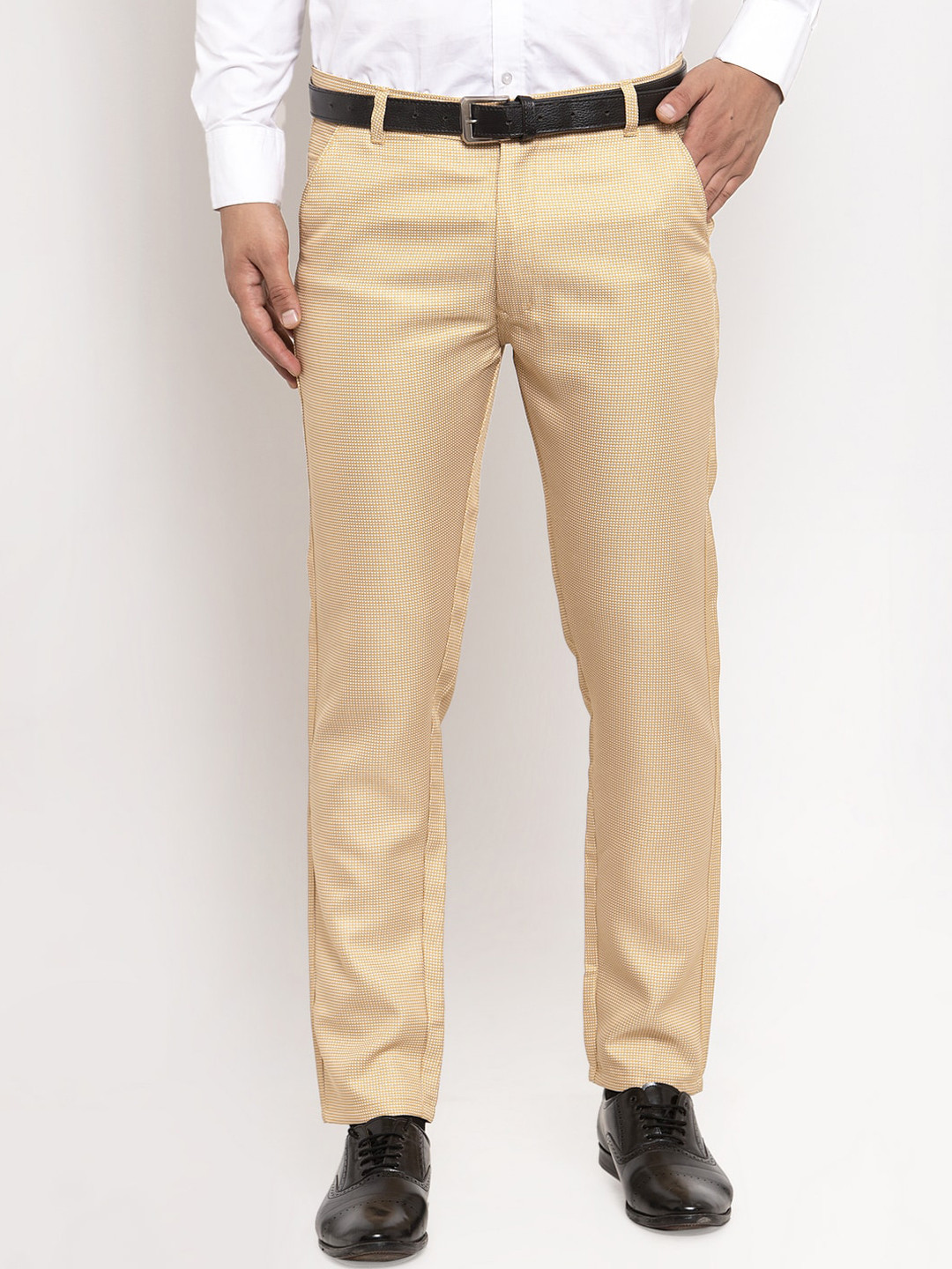 

JAINISH Men Gold-Toned Classic Slim Fit Self Design Formal Trousers