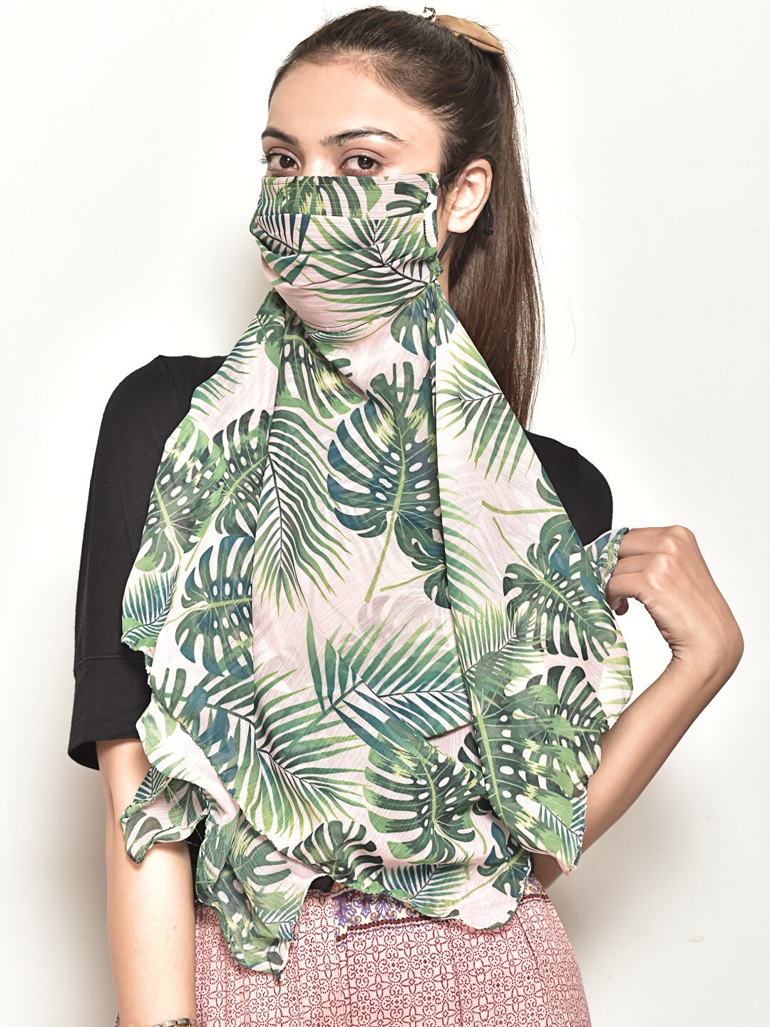 

SWAYAM Women Green & Beige Printed 3-Ply Reusable Scarf Style Cloth Mask