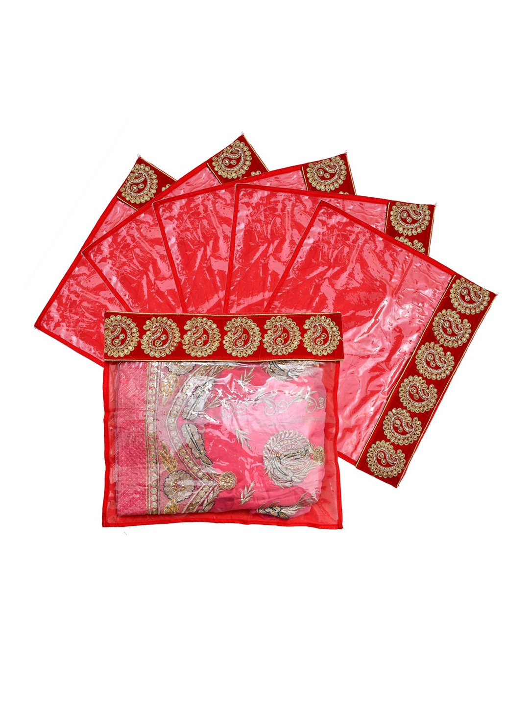 

Kuber Industries Set Of 6 Red & Transparent Zari Border Flip Single Packing Saree Cover Organizers