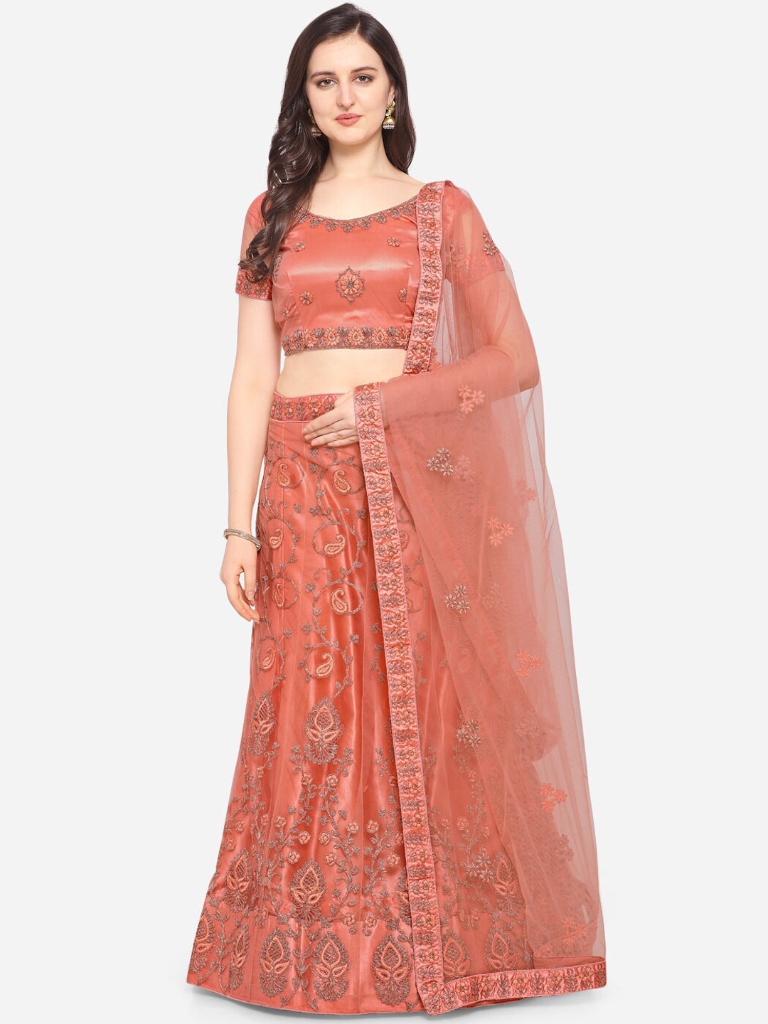 

VRSALES Peach-Coloured Semi-Stitched Lehenga & Blouse with Dupatta