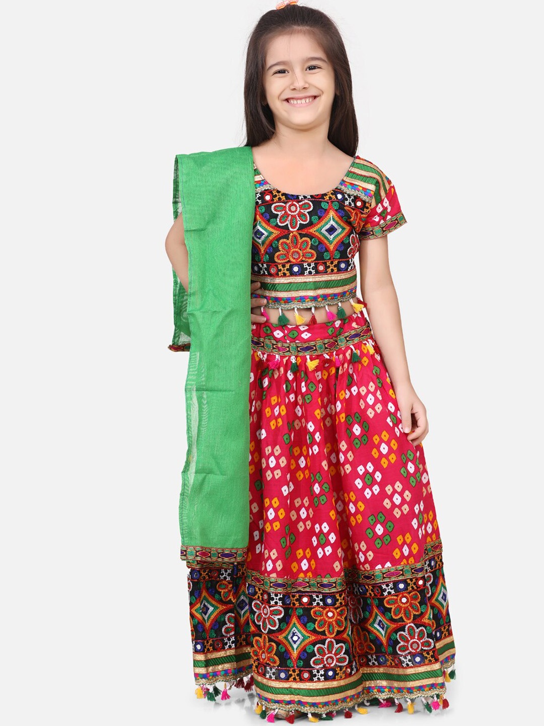 

BownBee Girls Coral Pink & Green Embroidered Ready to Wear Chaniya Choli