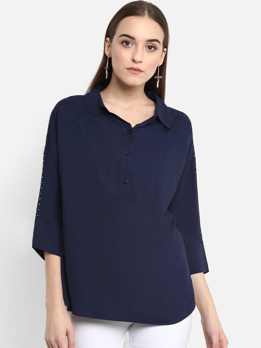 

Aditi Wasan Women Blue Solid Shirt Style Longline Top