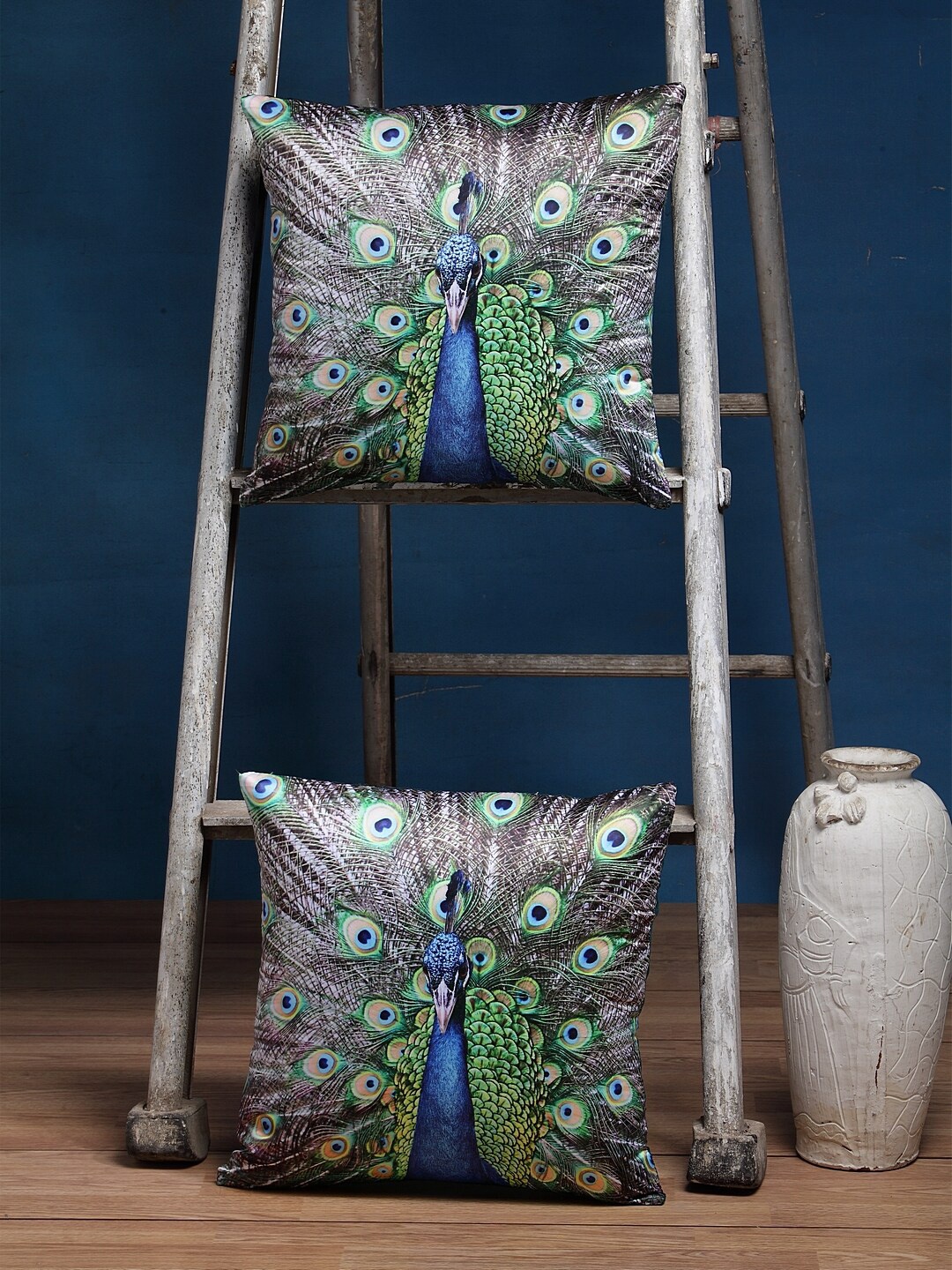 

Alina decor Blue & Green Set of 2 Peacock Print Square Cushion Covers