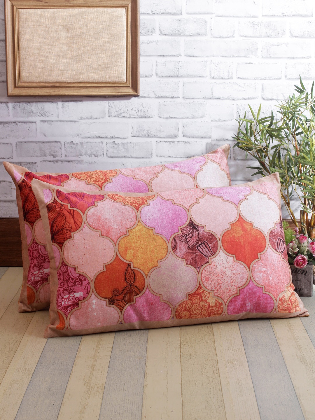 

ROMEE Set Of 2 Pink & Beige Geometric Print Pillow Covers