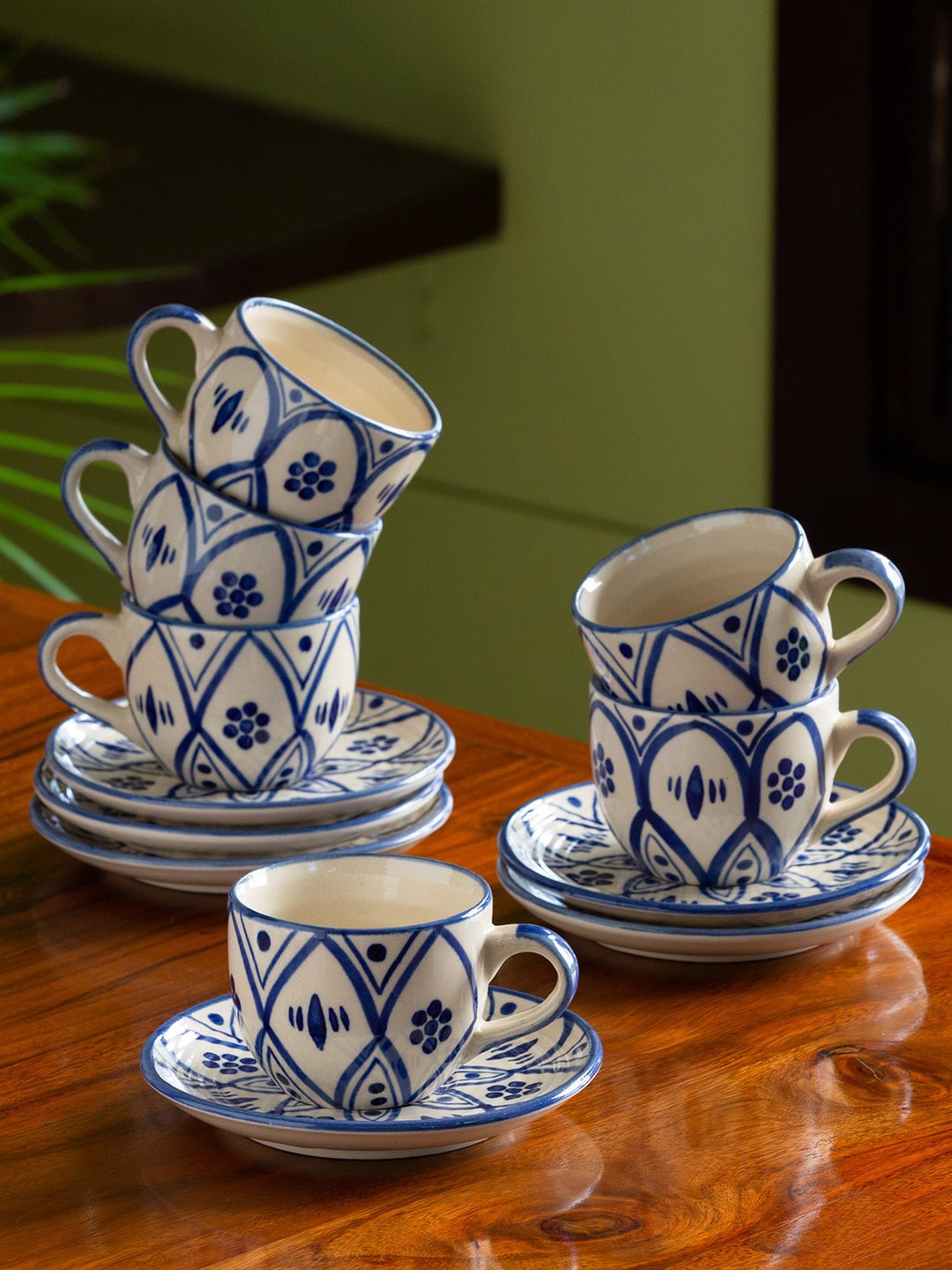 

ExclusiveLane 12Pcs White & Blue Moroccan Hand-Painted Ceramic Cup & Saucer Set