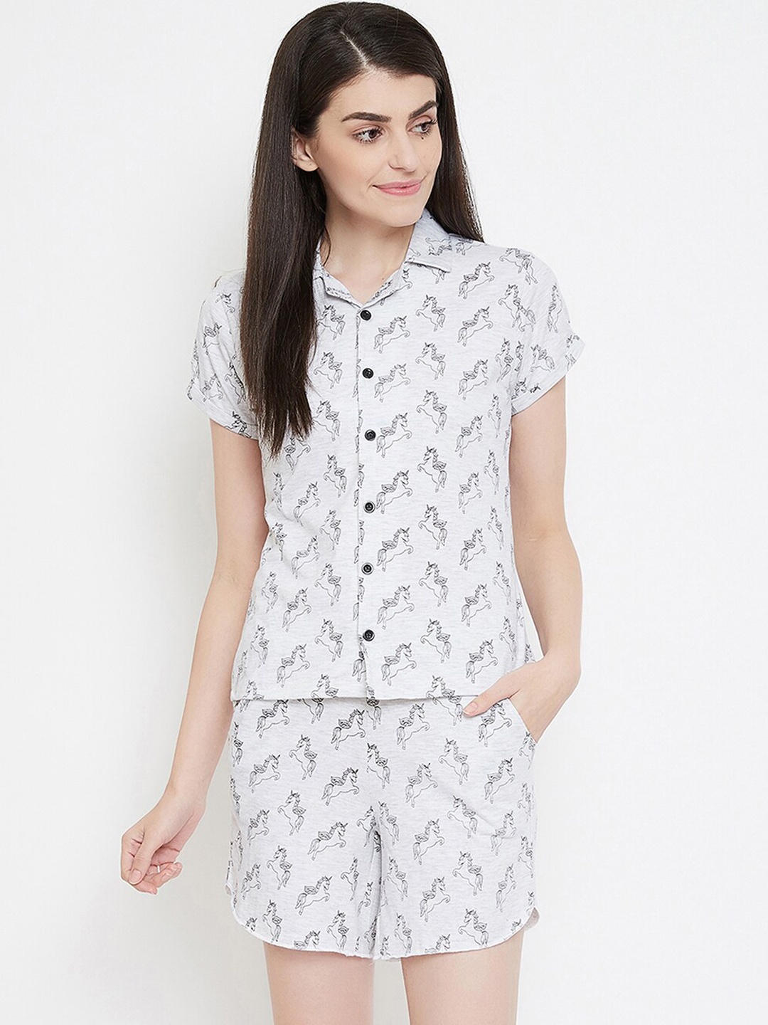 

Clovia Women White & Grey Printed Night suit