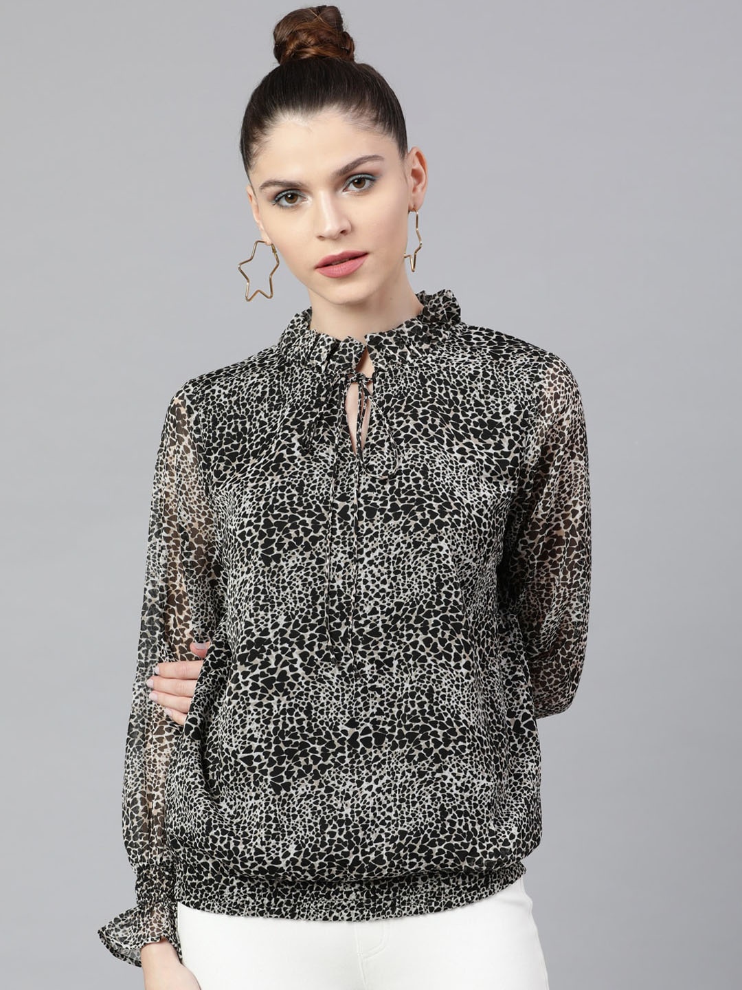 STREET 9 Women Black Printed Blouson Top
