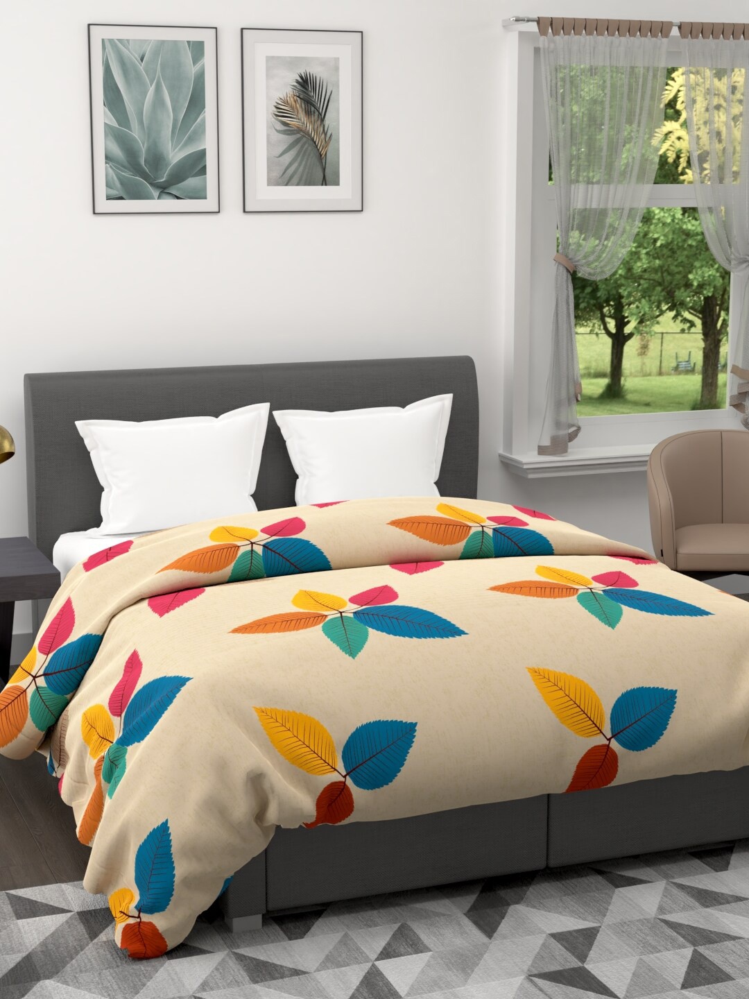 

BIANCA Beige & Blue Floral AC Room 120 GSM Double Bed Comforter
