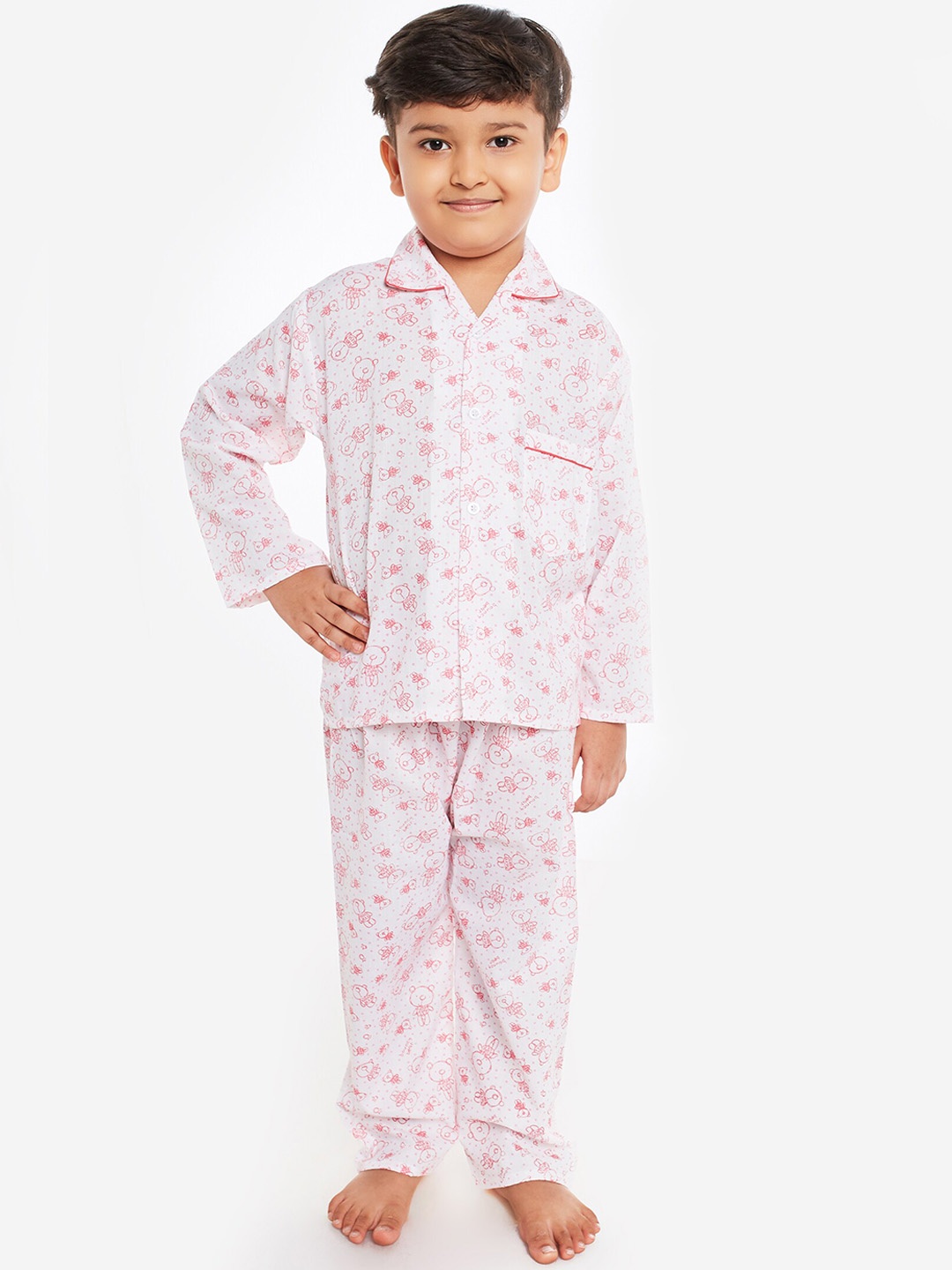 

Fuzzy Bear Boys White & Pink Teddy Print Sustainable Night Suit