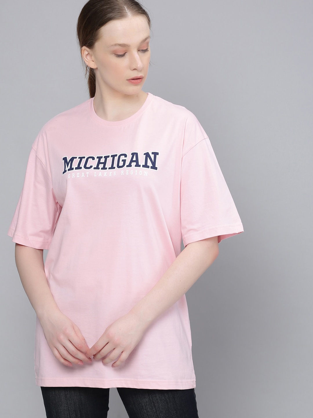 

DILLINGER Women Pink Printed Round Neck Oversized Pure Cotton T-shirt