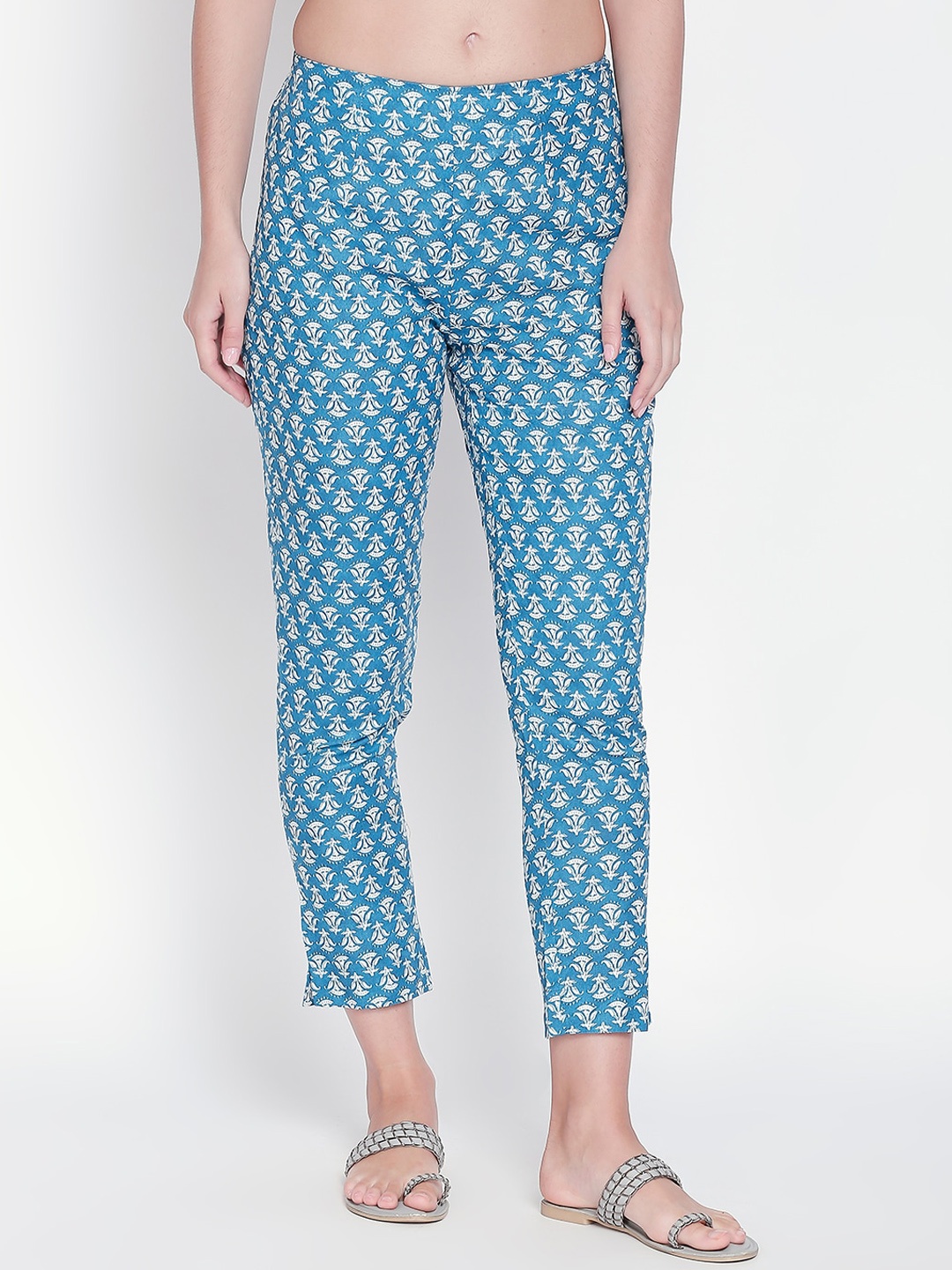 

RANGMANCH BY PANTALOONS Women Blue Regular Fit Printed Cigarette Trousers
