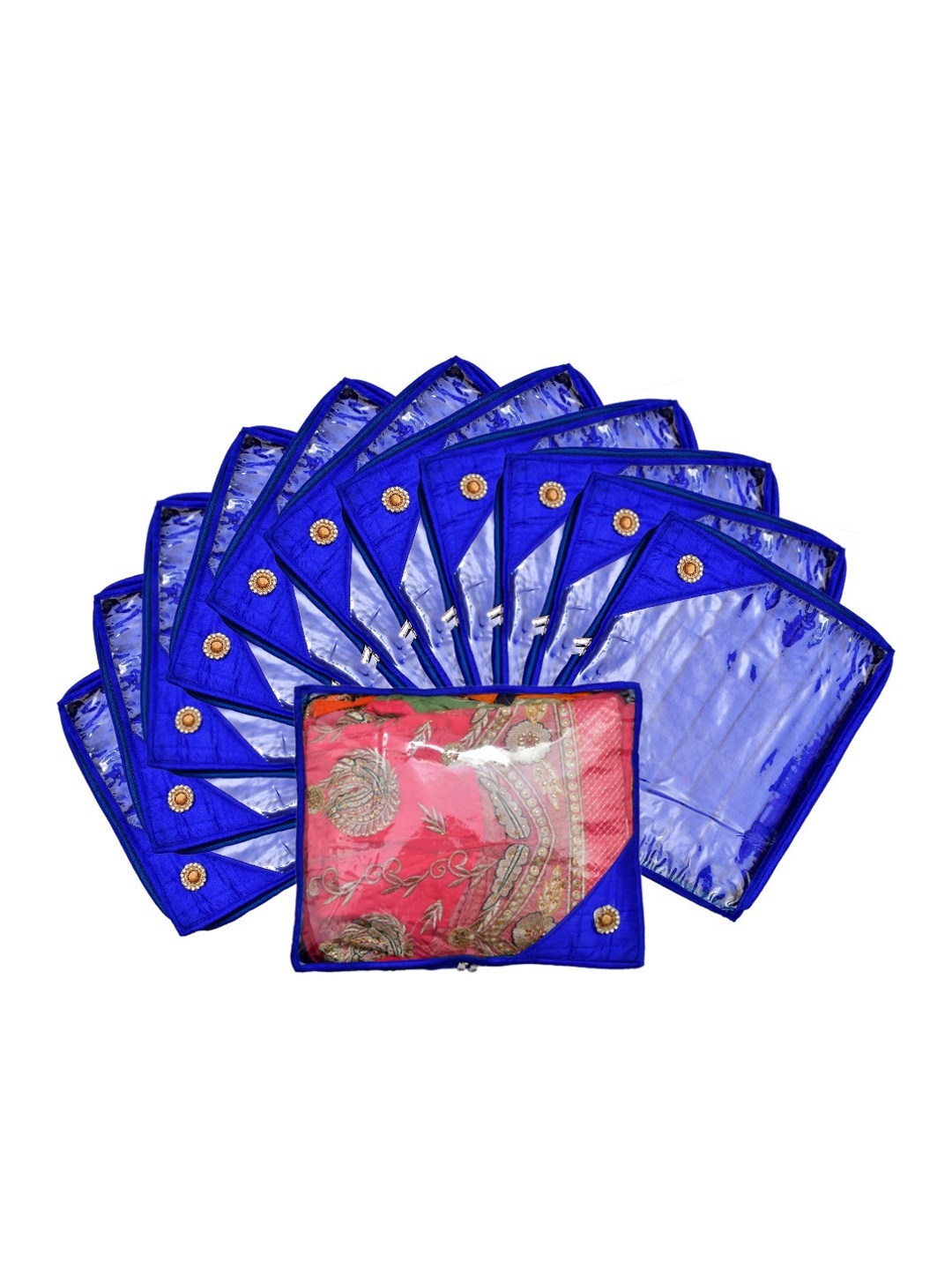 

Kuber Industries Set Of 12 Blue & Transparent Solid Silk Single Packing Saree Cover Organizers