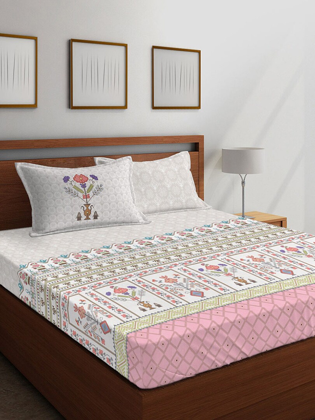 

Boutique Living India White & Pink Ethnic Motifs 400 TC Cotton 1 King Bedsheet with 4 Pillow Covers