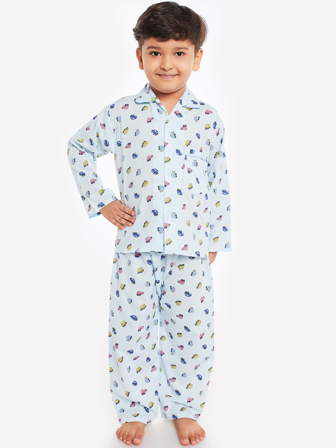 

Fuzzy Bear Boys Blue & Yellow Cars Print Sustainable Night Suit