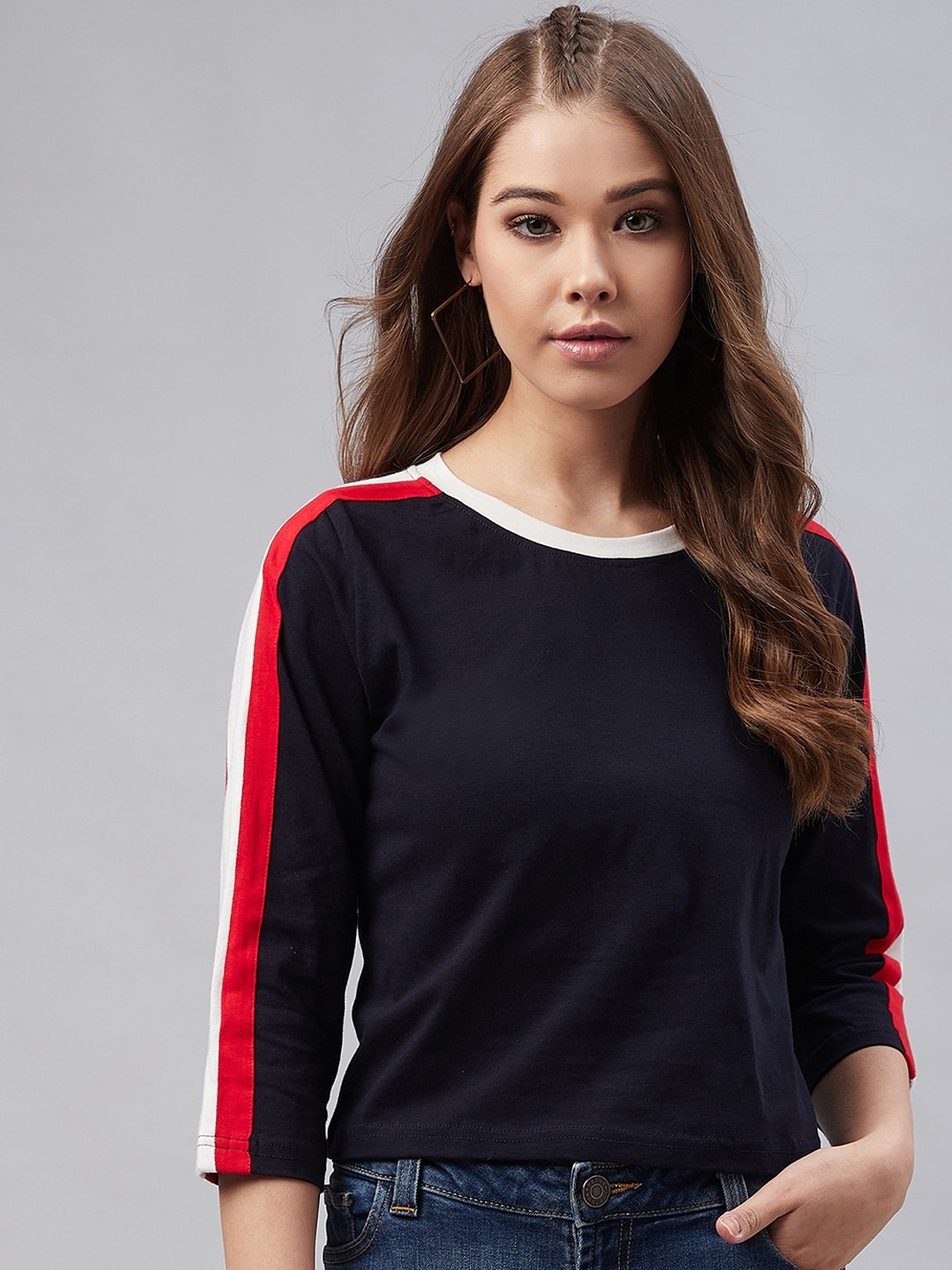 

RARE Women Navy Blue & White Colourblocked Crop Top