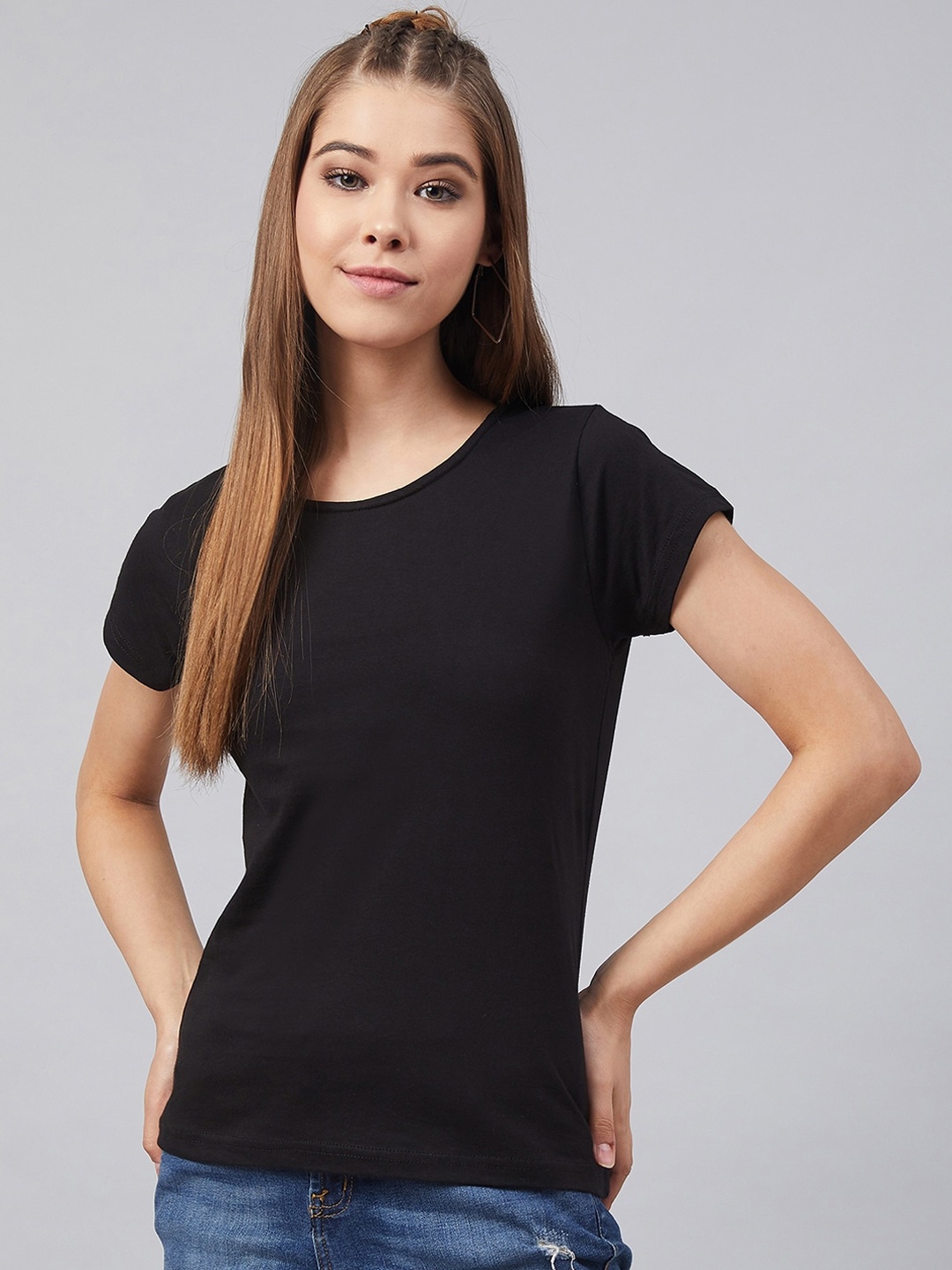

Marie Claire Women Black Solid Round Neck T-shirt
