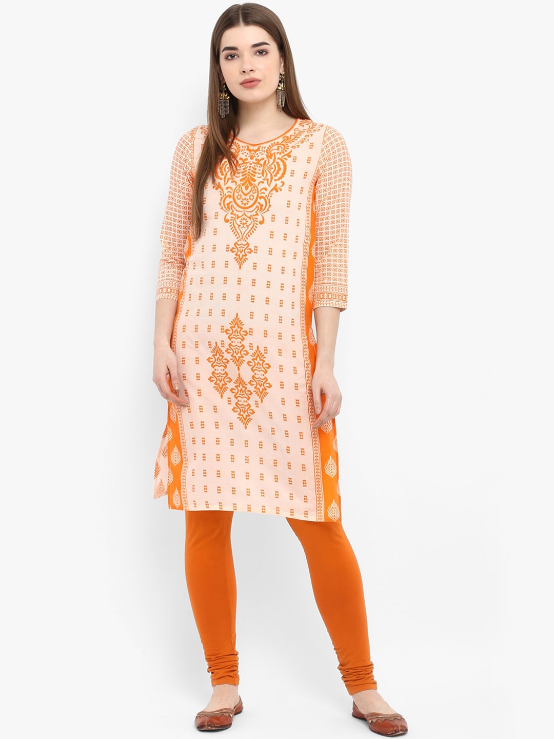 

Aprique FAB Women Peach & Orange Ethnic Motif Print Straight Kurta