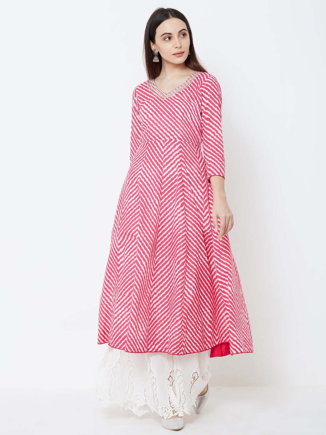 

FASHOR Women Pink & White Striped Anarkali Kurta
