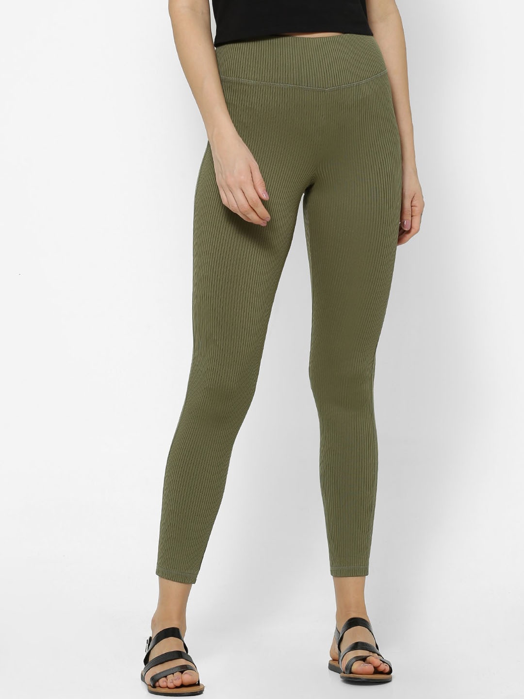 

FOREVER 21 Women Olive Green Self-Design Ankle-Length Leggings