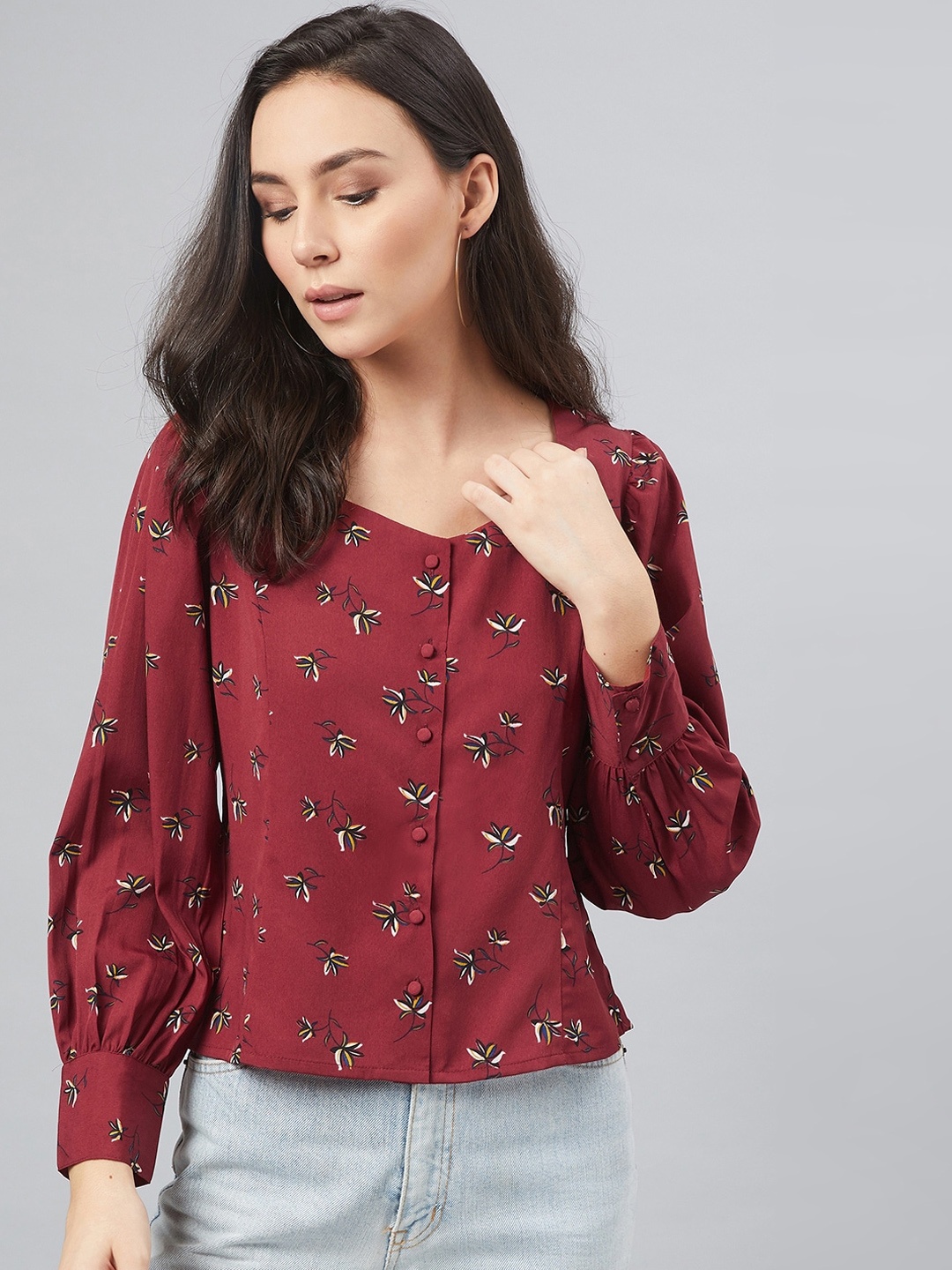 

RARE Maroon Floral Top With Cuffed Sleeves
