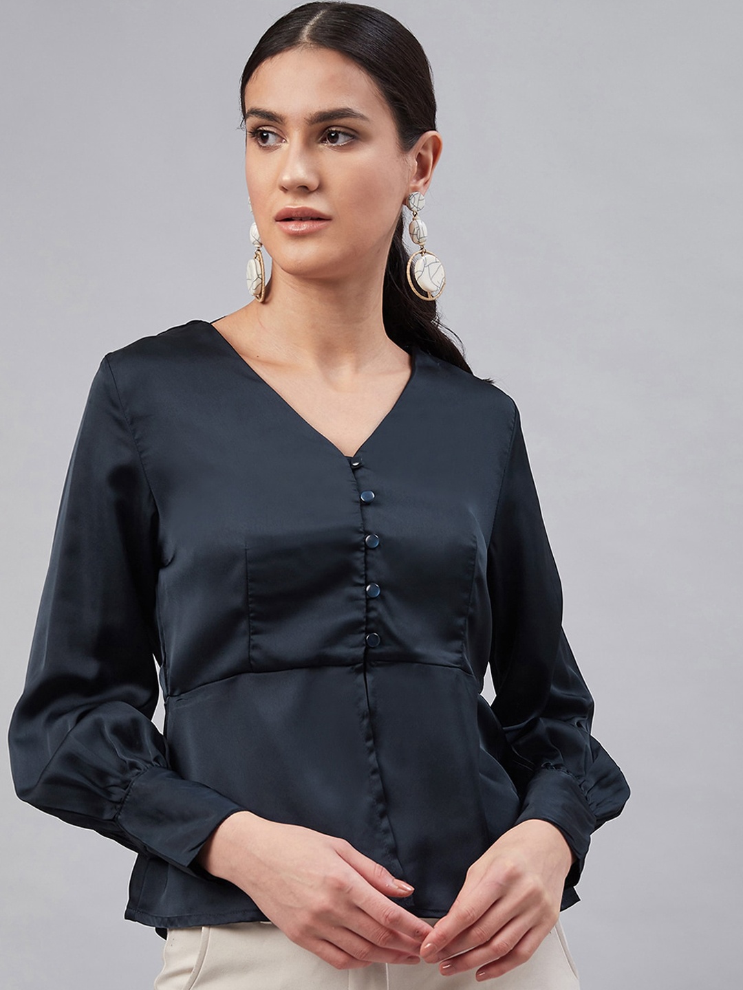 

Carlton London Women Navy Blue Solid Shirt Style Top
