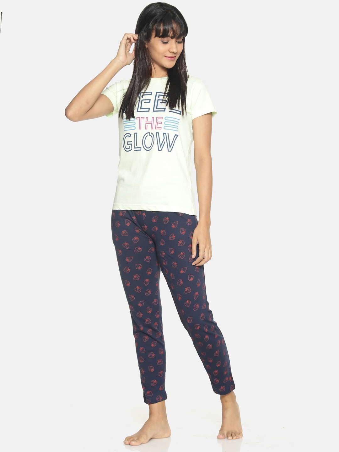 

Kryptic Women Lime Green & Navy Blue Printed Cotton Night suit
