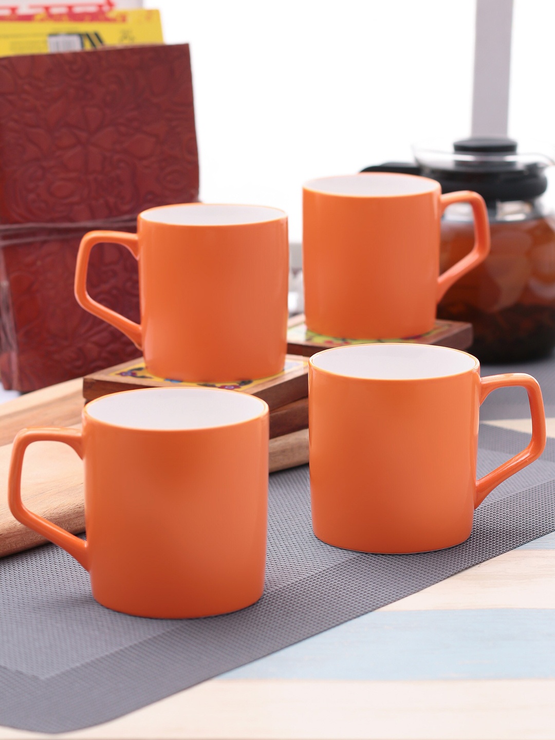 CLAY CRAFT Orange Solid 4 Pcs Ceramic Mug Set
