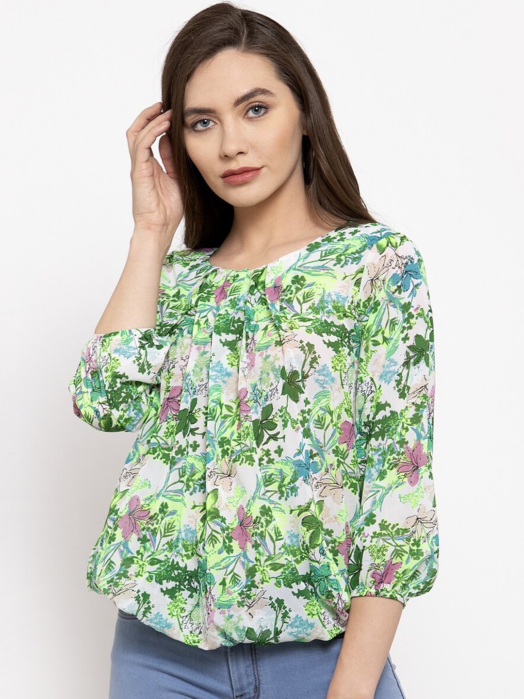 

DOOR74 Women Green Printed Blouson Top