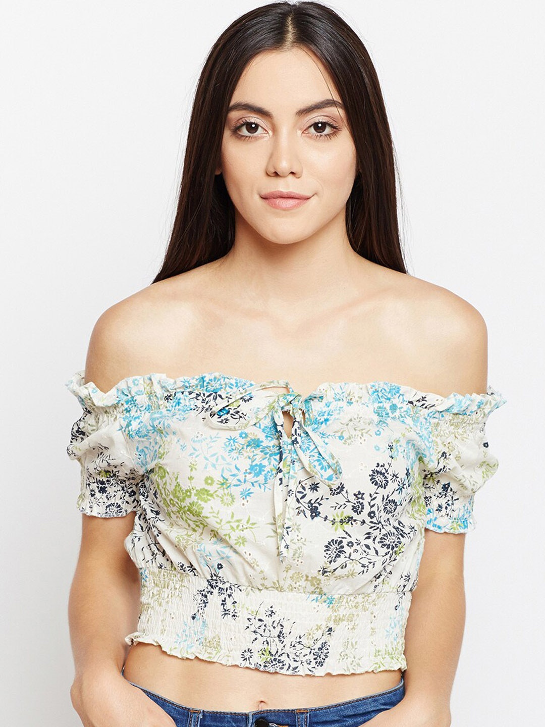 

Oxolloxo Women Off-White Printed Bardot Pure Cotton Top