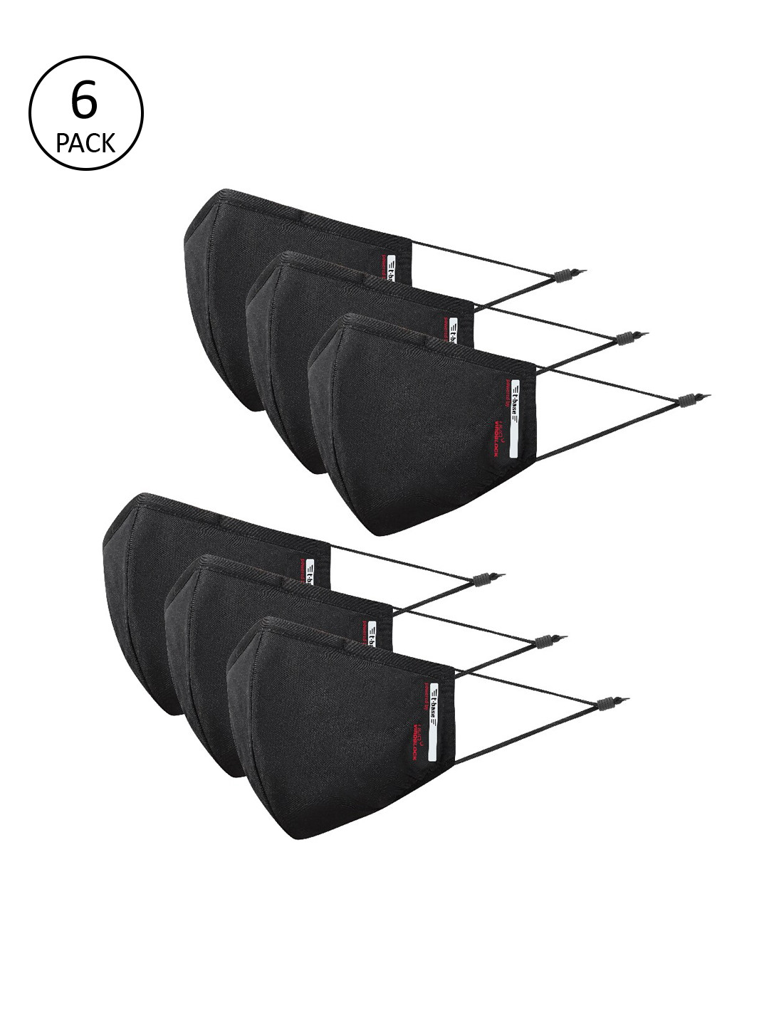

t-base Adults Pack of 6 4-Ply Reusable Swiss Tech Premium Face Masks, Black