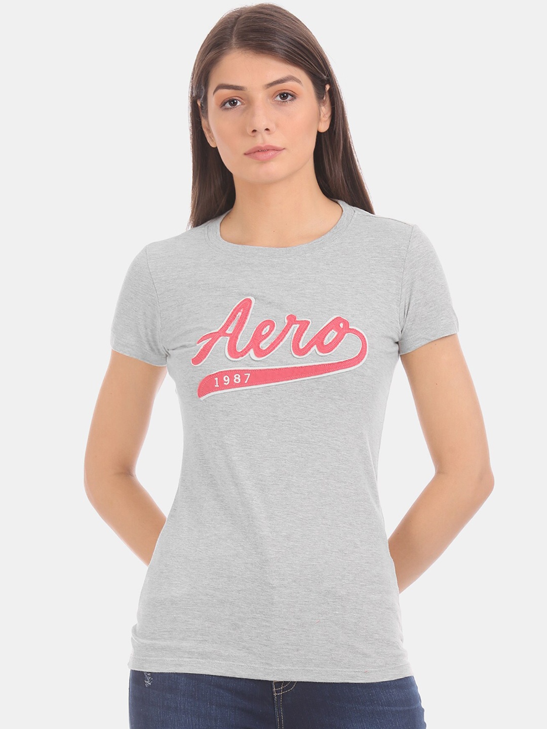 

Aeropostale Women Grey & Pink Printed Round Neck T-shirt