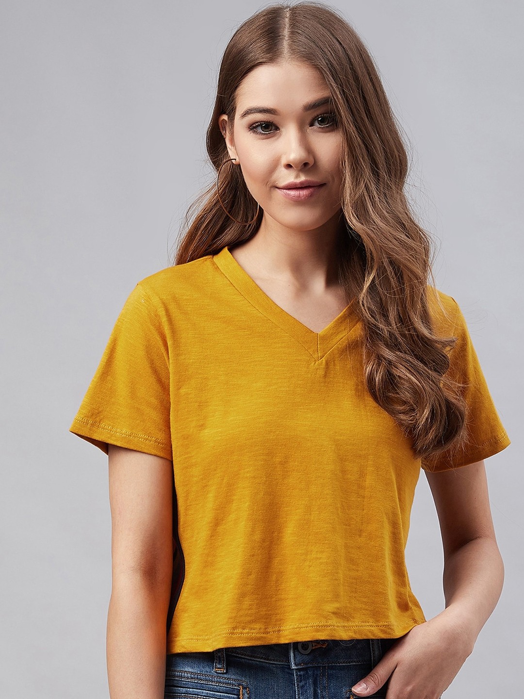 

RARE Women Mustard Solid V-Neck Crop Pure Cotton Top with Side Stripes