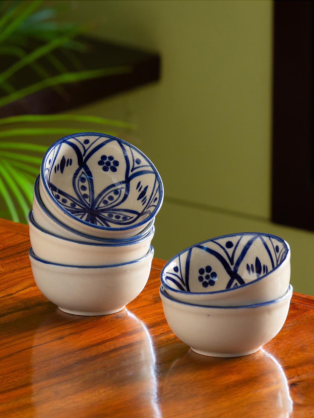 

ExclusiveLane White & Blue Set of 6 Moroccan Studio Pottery Ceramic Dining Bowls