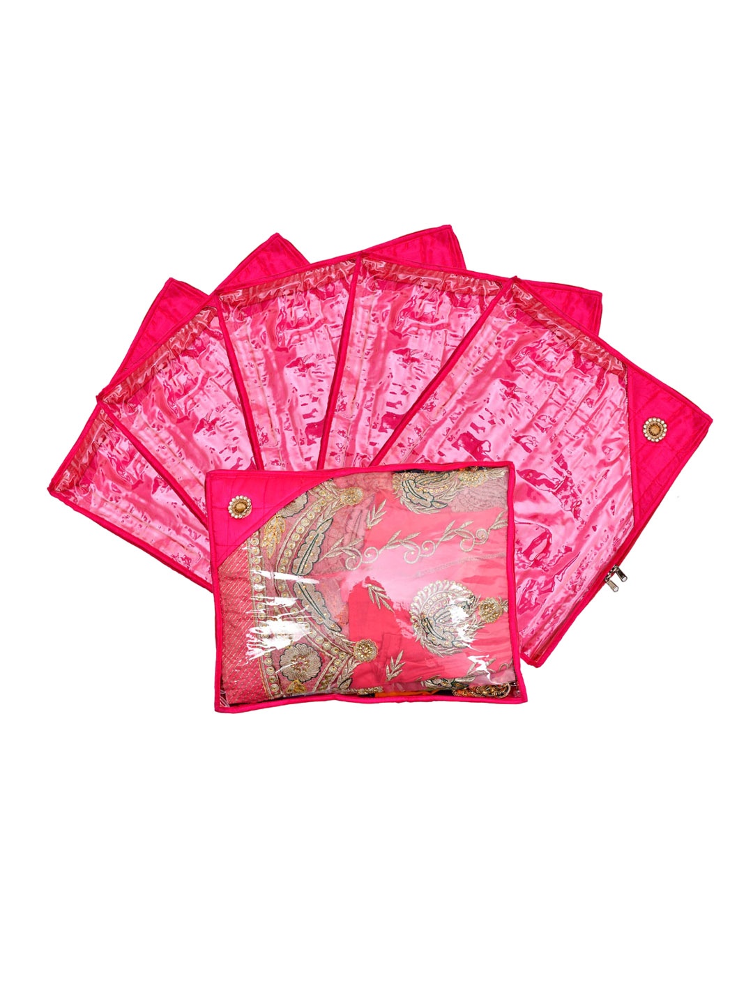 

Kuber Industries Set Of 6 Pink & Transparent Solid Silk Single Packing Saree Cover Organizers