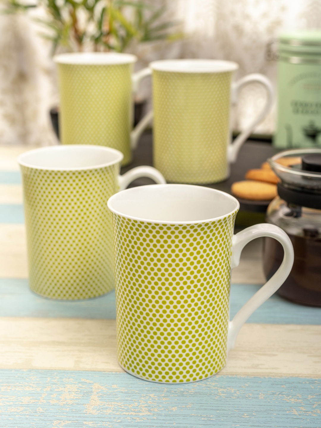 

SONAKI Green 4 Pcs Printed Bone China Mug Set