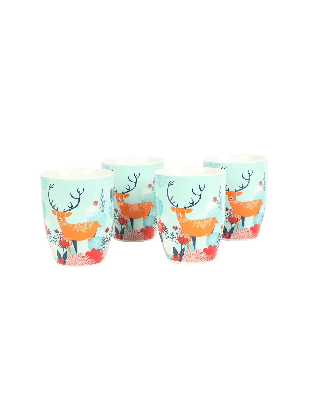 

Chumbak Teal Green Printed 4-Pieces Bone China Mug Set, Sea green