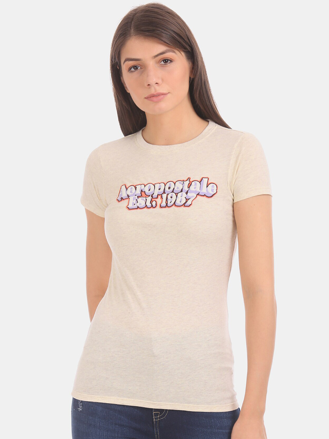 

Aeropostale Women Beige Embroidered Round Neck T-shirt