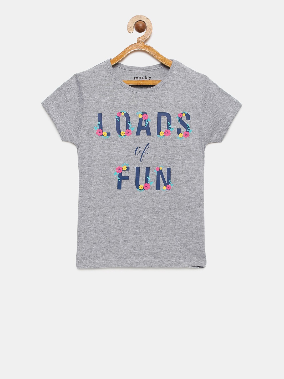 mackly Girls Grey Melange & Blue Printed Lounge T-shirt