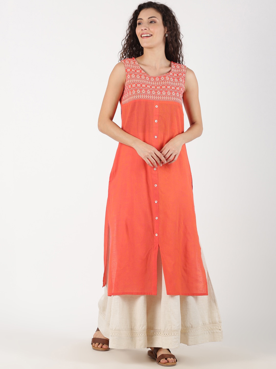 

Saffron Threads Women Coral & Off-White Yoke Design A-Line Kurta