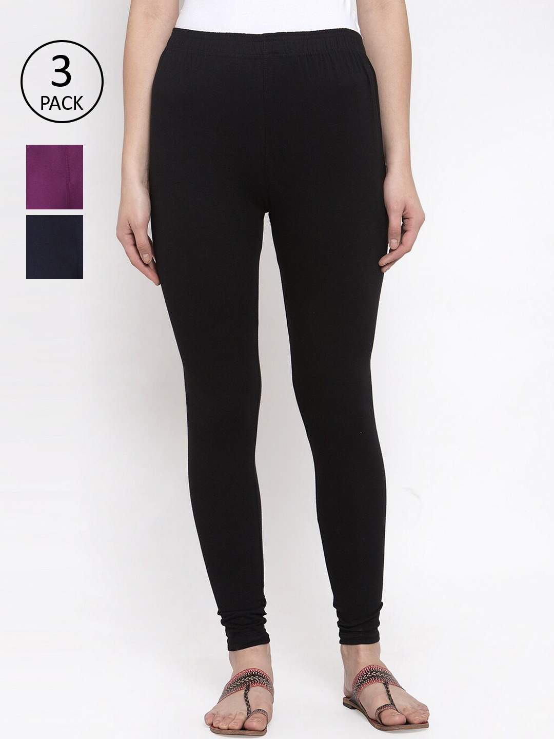 

TAG 7 Women Pack Of 3 Solid Churidar-Length Leggings, Black