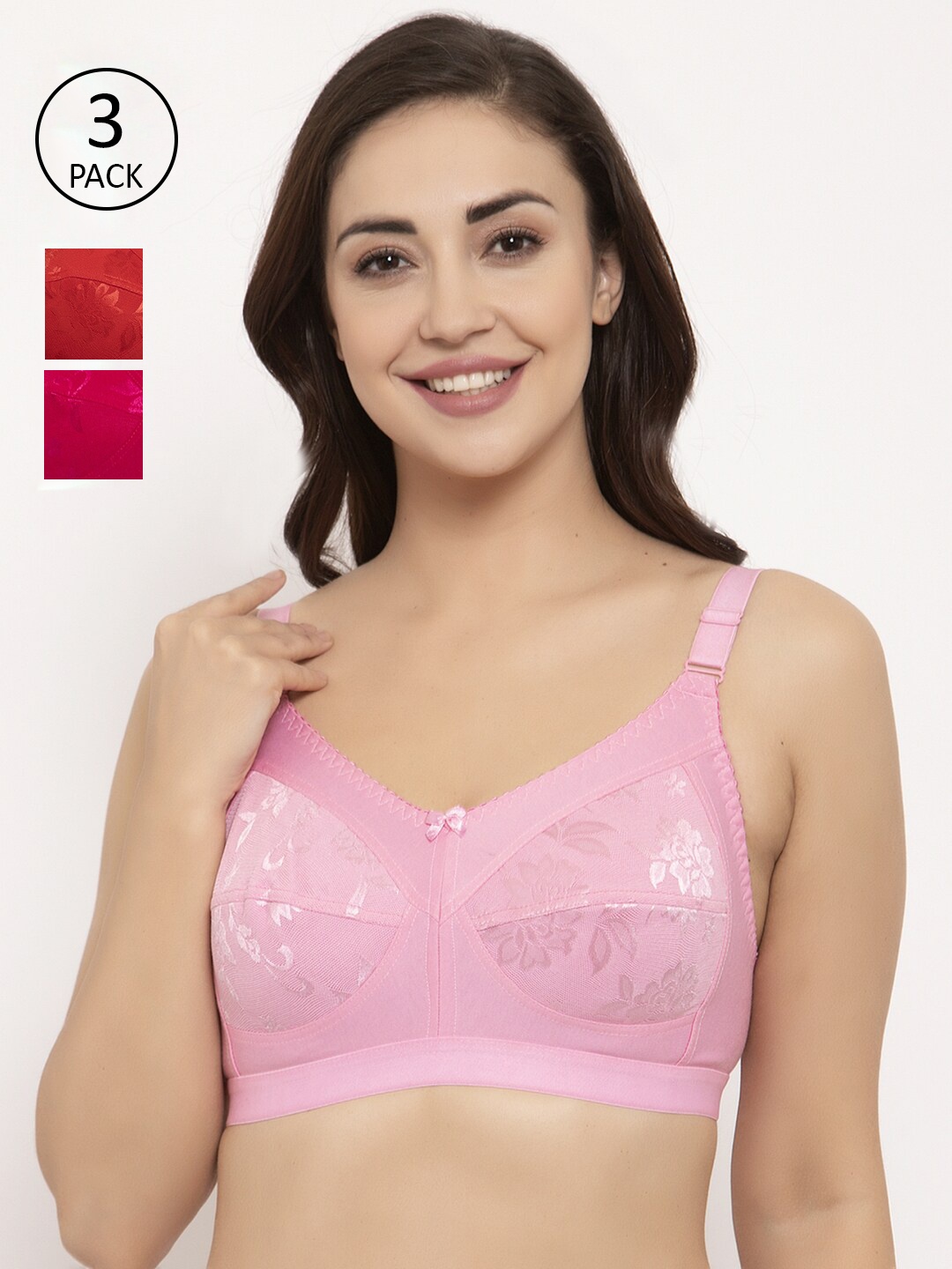 

GRACIT Pack of 3 Self Design Non-Wired Non Padded Balconette Bra, Red