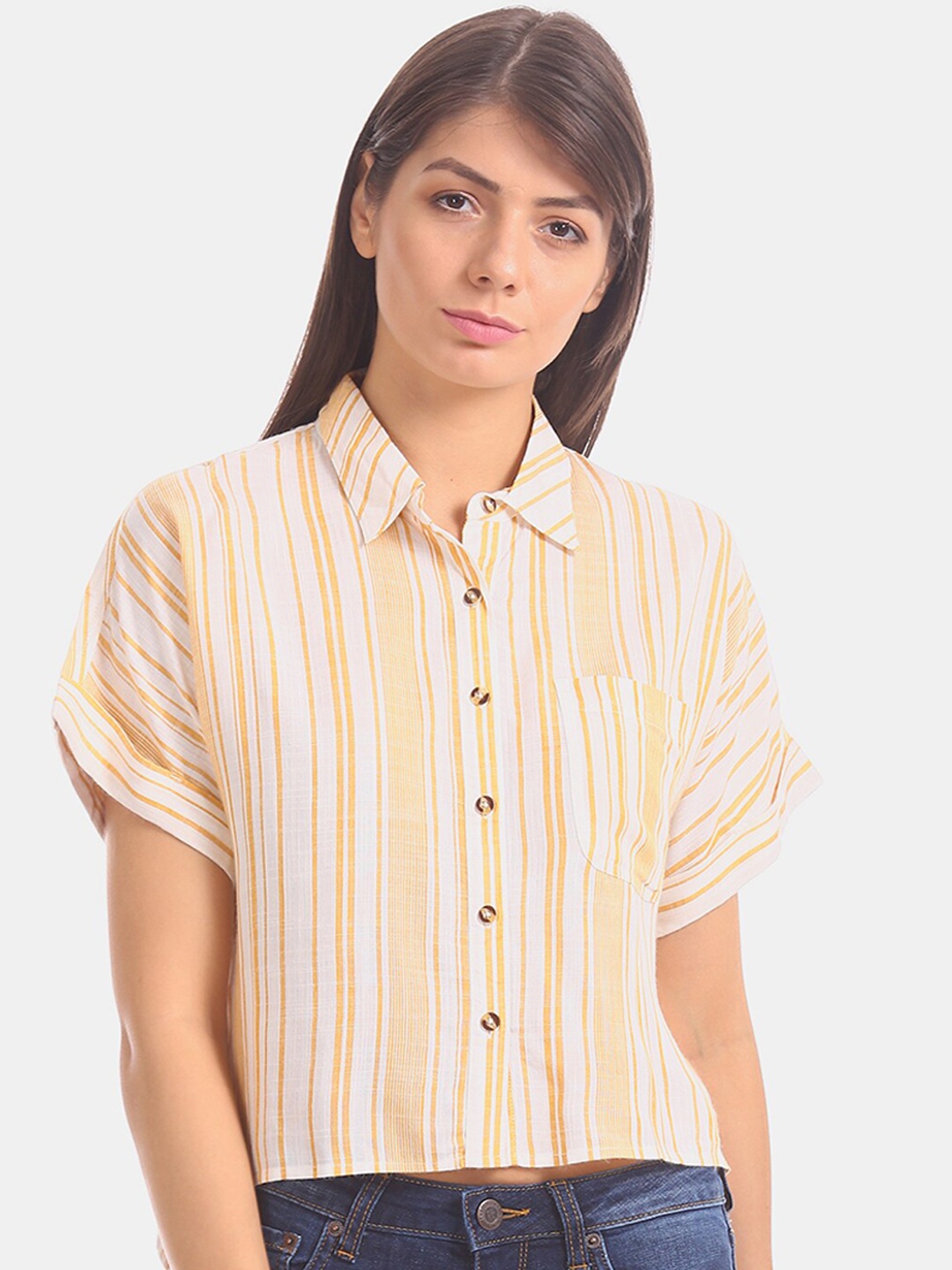 

Aeropostale Women White & Yellow Regular Fit Striped Casual Shirt