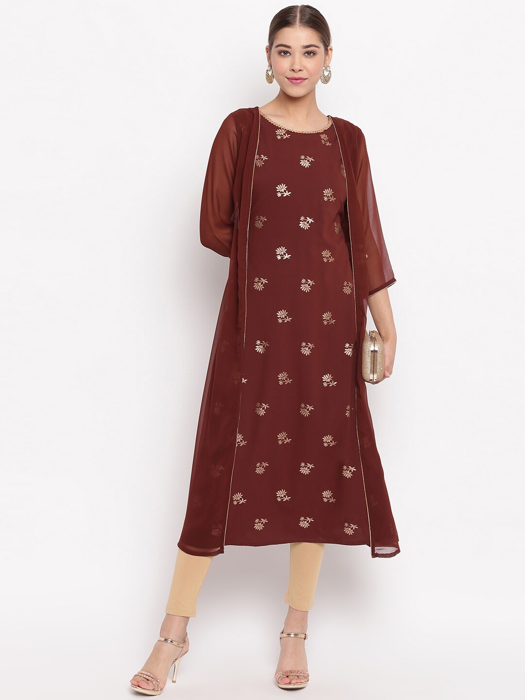 Janasya Women Brown & Golden Foil Printed Layered A-Line Kurta