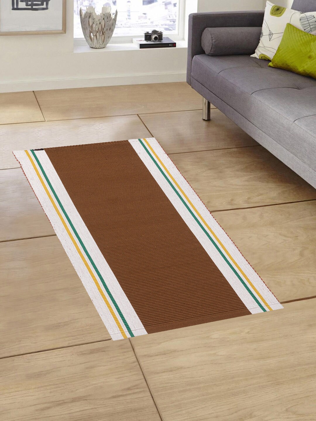 

KLOTTHE Brown & White Striped Anti-Skid Dhurrie