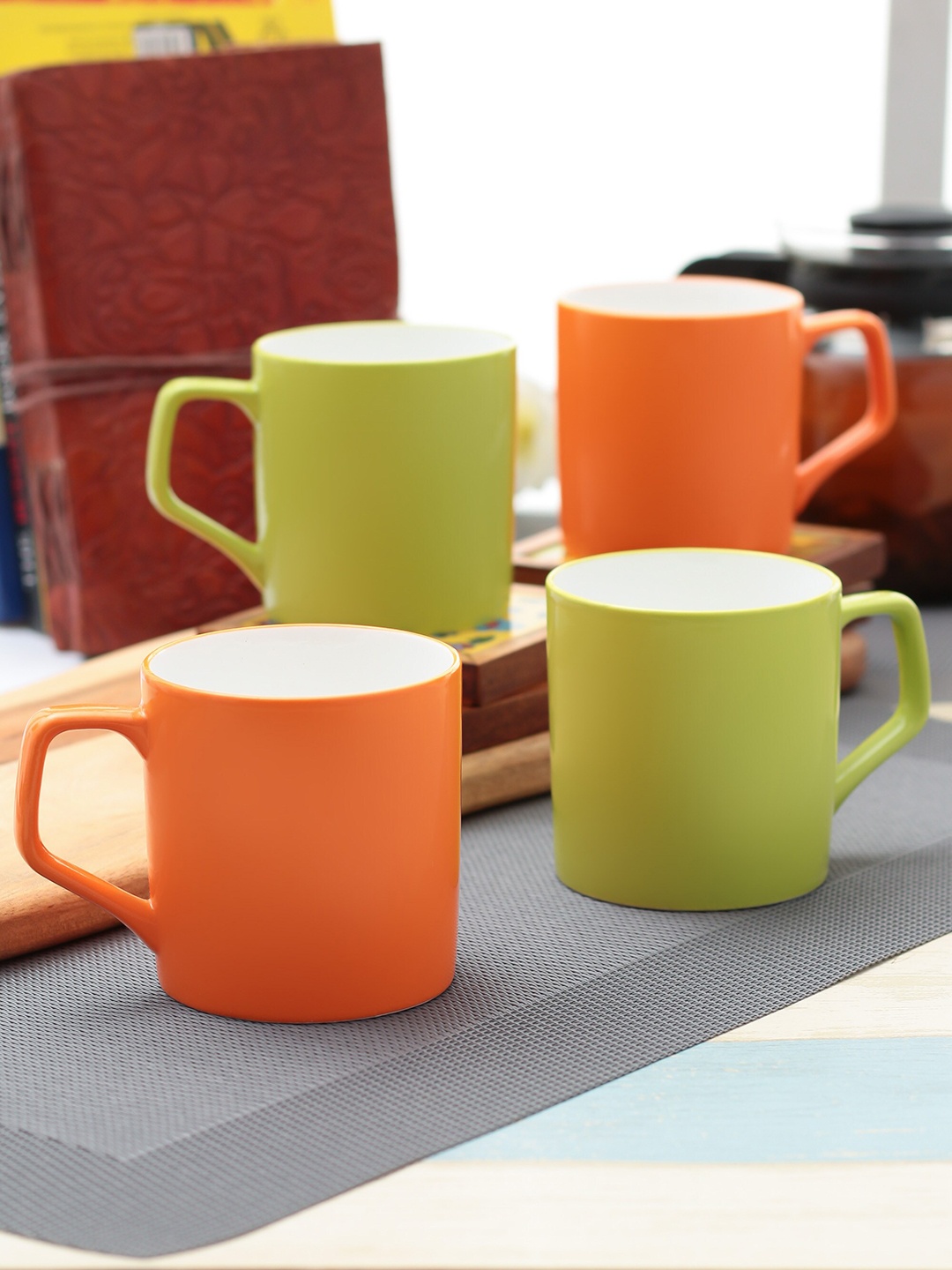 CLAY CRAFT Orange & Fluroscent Green 4 Pcs Ceramic Mug Set