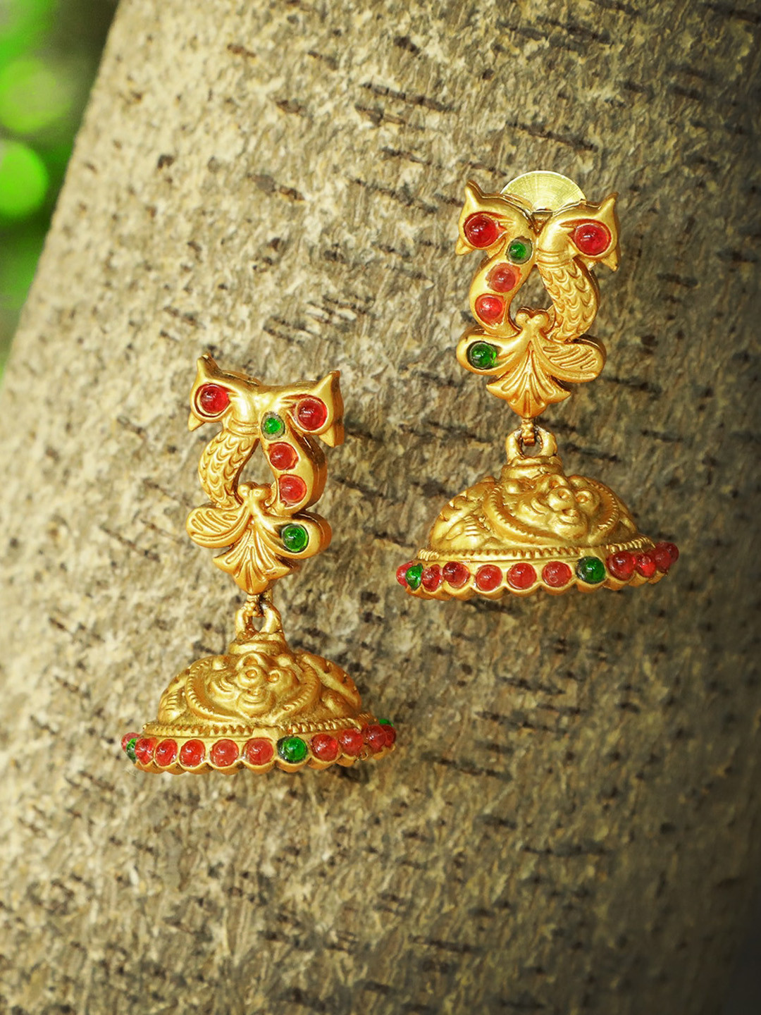 

Adwitiya Collection 24CT Gold-Plated & Red Handcrafted Peacock Shaped Jhumkas