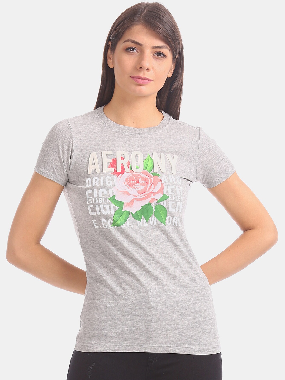 

Aeropostale Women Grey & White Floral Printed Round Neck T-shirt
